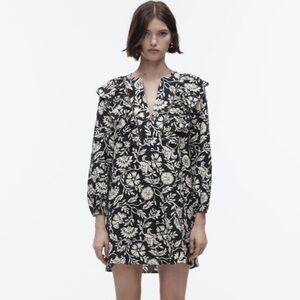 Zara Black and Cream Floral Mini Dress Size XS